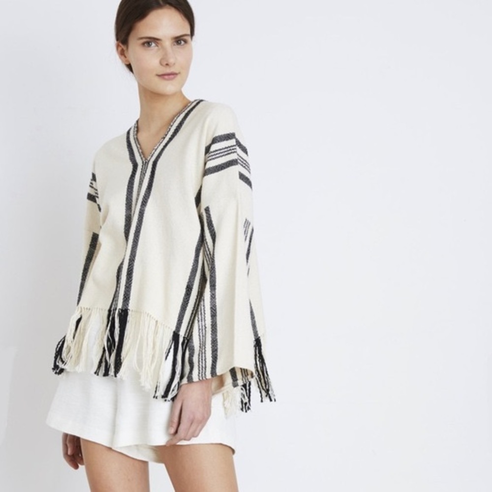 APiece Apart Top Poncho Woven Stripe Fringe V Neck Comfort